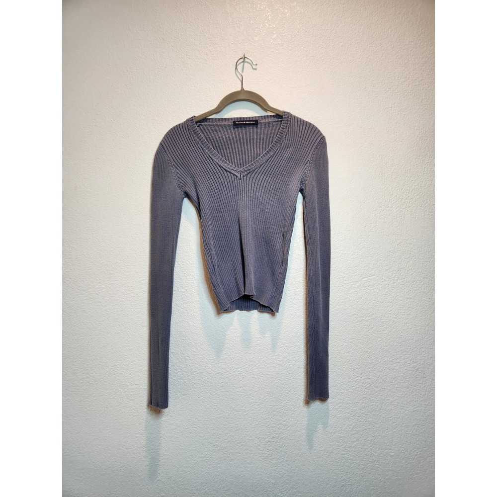 Brandy Melville Ribbed V Neck Long Sleeve Crop Sweater Top Blue One Size s‎ / xs